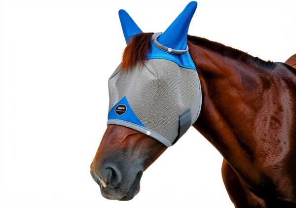 Horse Fly Mask, Adjustable Fly Masks for Horses with Ears, Breathable and 70% UV Protection, Comfort Mesh Without Nose Cover, Horses Accessories (Grey, Blue, Large)-3