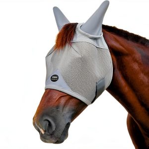 Horse Fly Mask, Adjustable Fly Masks for Horses with Ears, Breathable and 70% UV Protection, Comfort Mesh Without Nose Cover, Horses Accessories (Grey, Blue, Large)-0