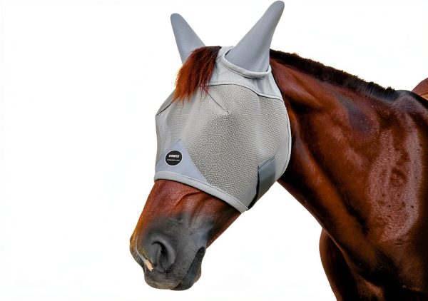 Horse Fly Mask, Adjustable Fly Masks for Horses with Ears, Breathable and 70% UV Protection, Comfort Mesh Without Nose Cover, Horses Accessories (Grey, Blue, Large)-0